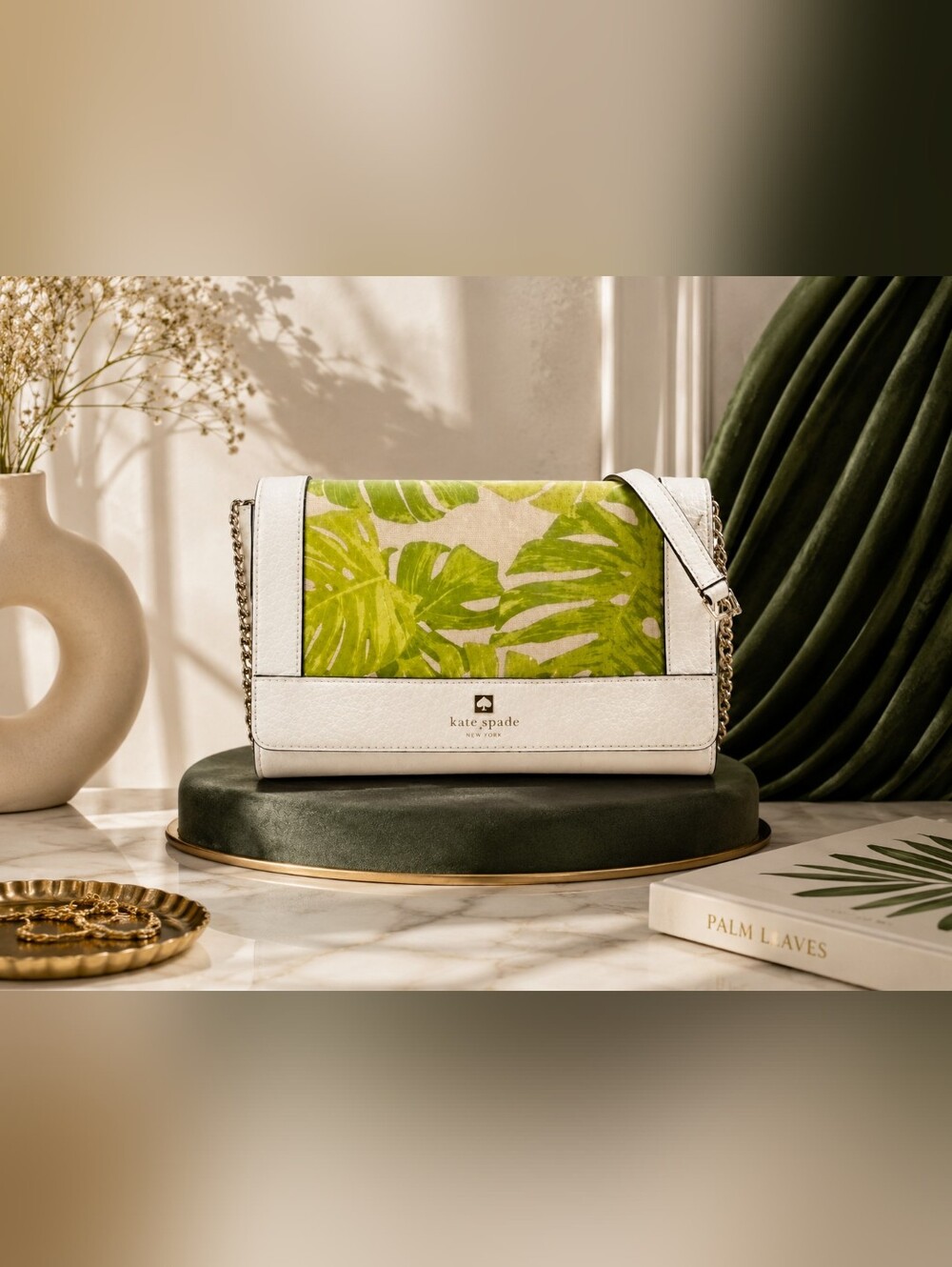 kate spade White Crossbody Bag with Green Leaf Print